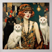 Mujer de Bonito Vintage con gatos negros y blancos