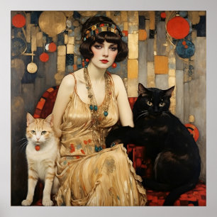 Póster Mujer de Bonito Vintage con gatos negros y blancos