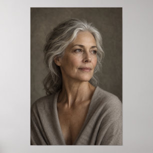 Póster Mujer de Cabello Plateado en Retrato Suave y Neutr