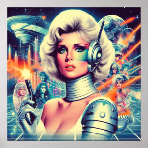 Póster Mujer de ciencia ficción retrofuturista