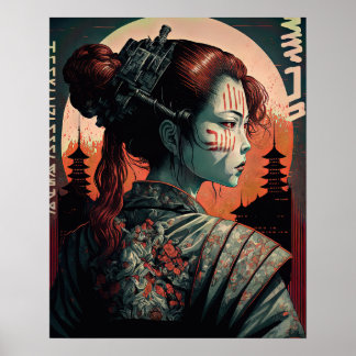 Póster Mujer de Cyberpunk Samurai japonesa