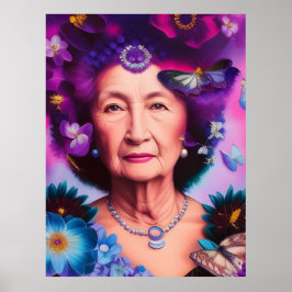 Póster Mujer de edad avanzada con mariposas y flores