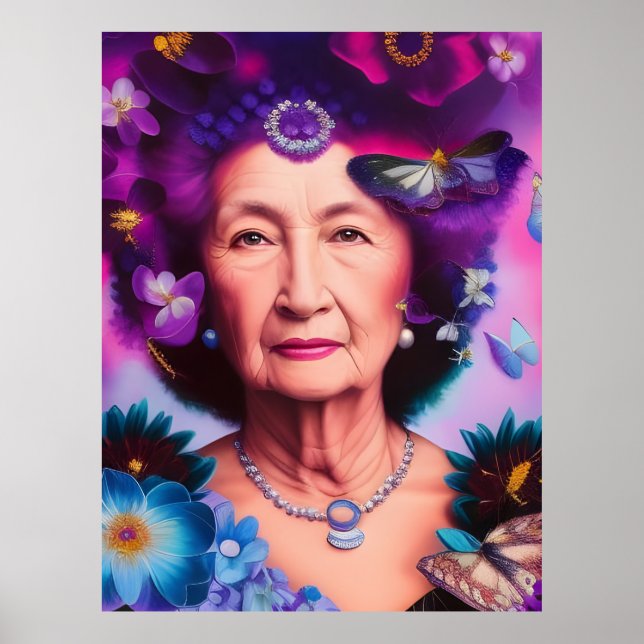 Póster Mujer de edad avanzada con mariposas y flores (Frente)