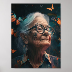 Póster Mujer De Edad Avanzada En Glass Con Mariposas