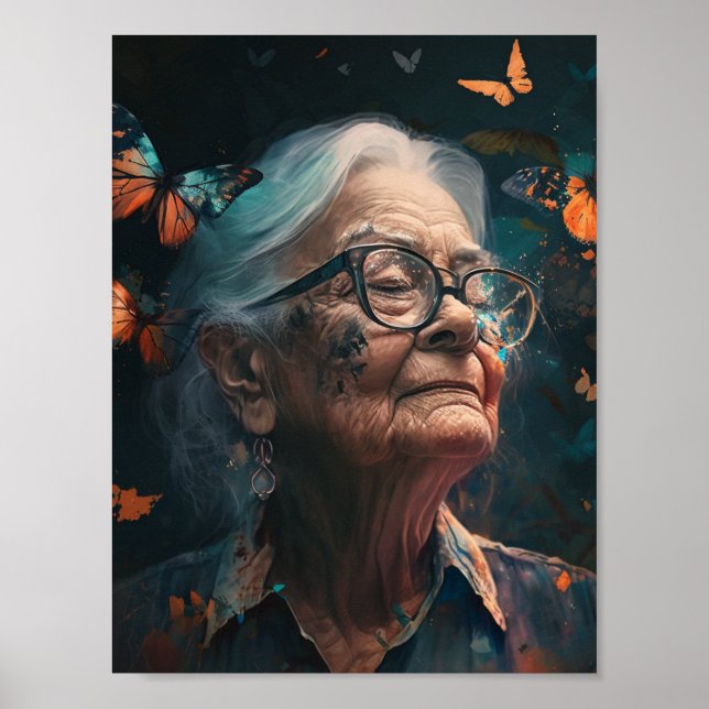 Póster Mujer De Edad Avanzada En Glass Con Mariposas (Frente)