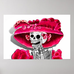 Póster Mujer de Esqueleto Riéndose con Gorro Rojo