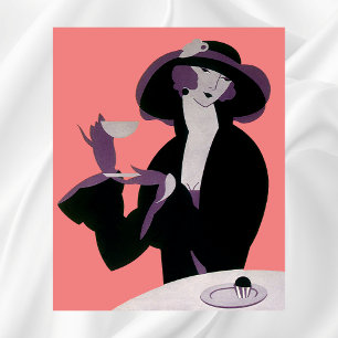 Póster Mujer de estilo Art Déco, té de la tarde y tarta