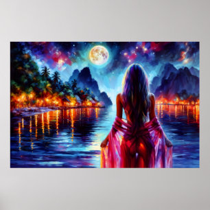 Póster Mujer de fantasía tropical bajo la luz de la luna 