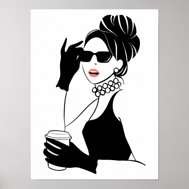 Póster Mujer de ilustracion de moda con café (Frente)