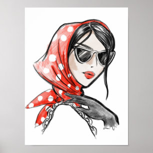 Póster Mujer de ilustracion de moda con manto rojo