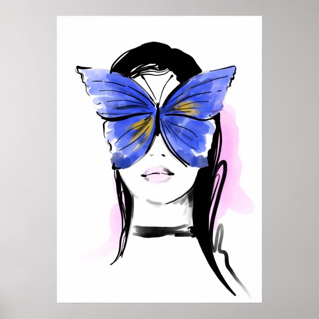 Póster Mujer de ilustracion de moda glam con mariposa (Frente)