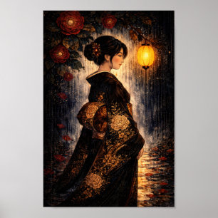 Póster Mujer de kimono japonés, linterna, noche, lluvia, 