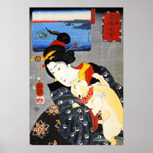 Póster Mujer de Kuniyoshi con un poster del gato