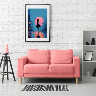 Póster Mujer de Luna Rosa Impresionista Burbuja de Chicle