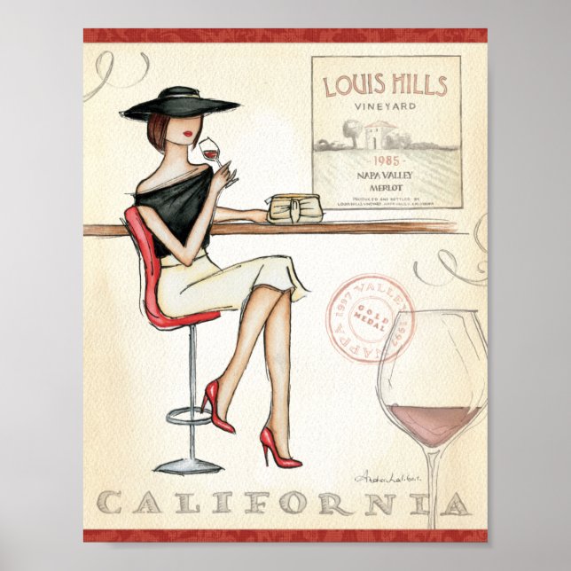 Póster Mujer de moda bebiendo vino (Frente)