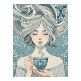 Póster Mujer de mosaico otomano con té - Flujo azul suave