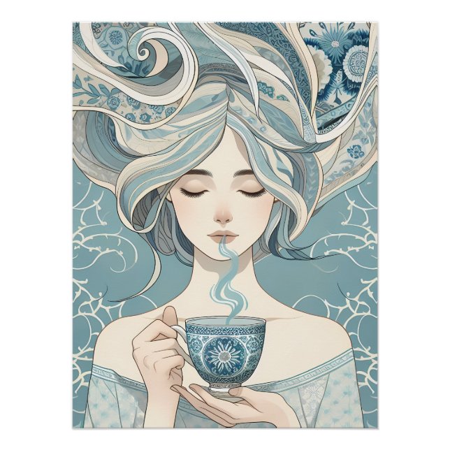 Póster Mujer de mosaico otomano con té - Flujo azul suave (Anverso)