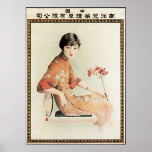 Póster Mujer de Nanyang con Poster chino de flores