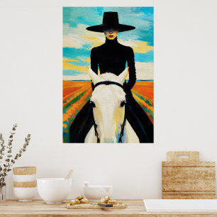 Póster Mujer de negro en caballo blanco – Campo dramático