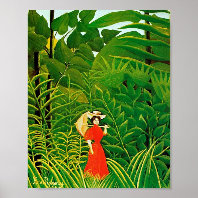 Póster Mujer de rojo en el bosque, por Henri Rousseau (Frente)