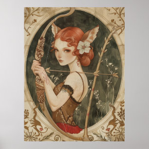 Póster mujer de zorro de hadas mágico de fantasía en los