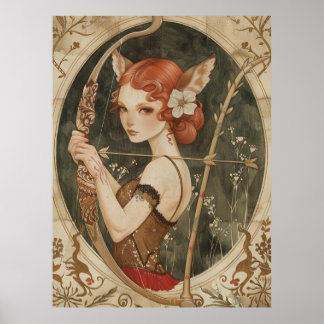 Póster mujer de zorro de hadas mágico de fantasía en los