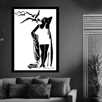 Póster Mujer Deco negro blanco playa champán 