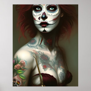 Póster Mujer del Día de Muertos con Tatuajes