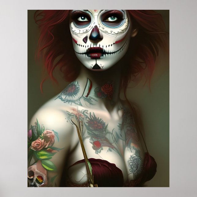 Póster Mujer del Día de Muertos con Tatuajes (Frente)