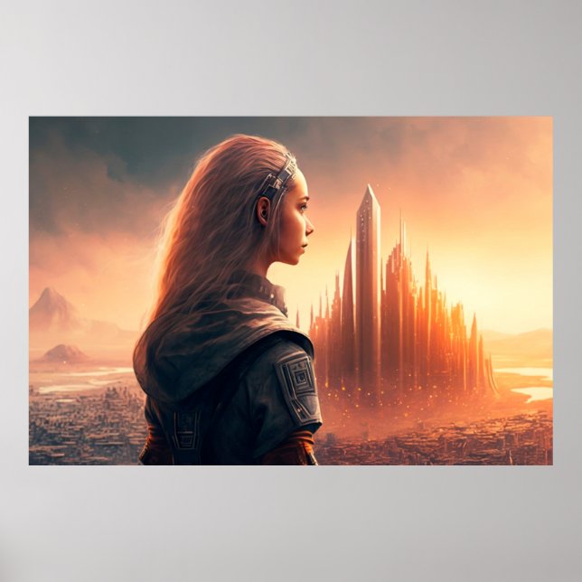 Póster Mujer del futuro fuera de una ciudad (Frente)