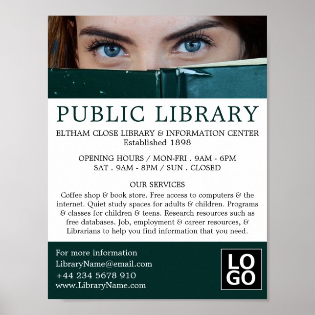 Póster Mujer detrás de libro, publicidad de biblioteca (Frente)