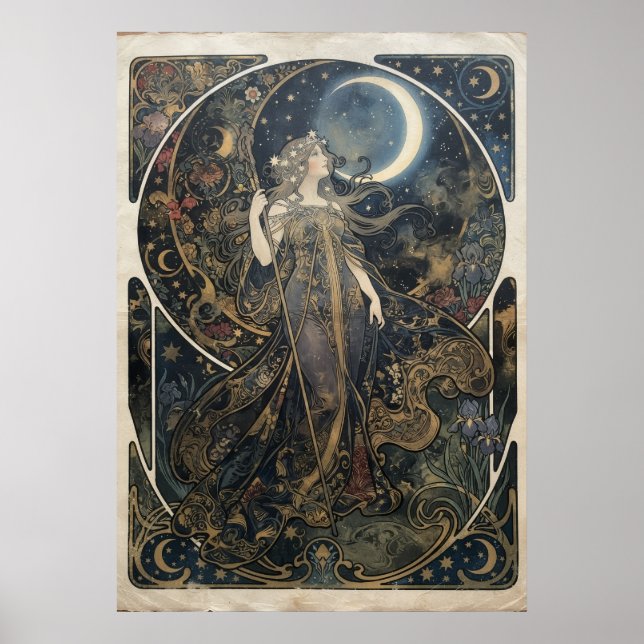 Póster Mujer Diosa de la Luna Art Nouveau Celestial Flora (Frente)