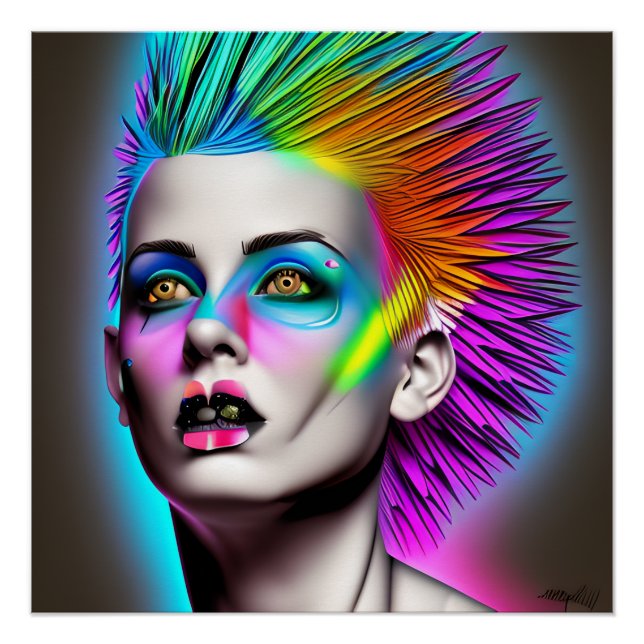 Póster Mujer distópica con arte Rainbow Mohawk Ai (Anverso)