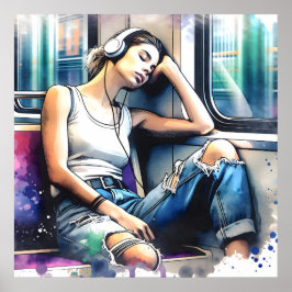 Póster Mujer durmiendo en el metro escuchando música