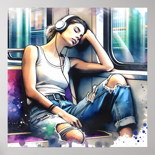 Póster Mujer durmiendo en el metro escuchando música (Frente)
