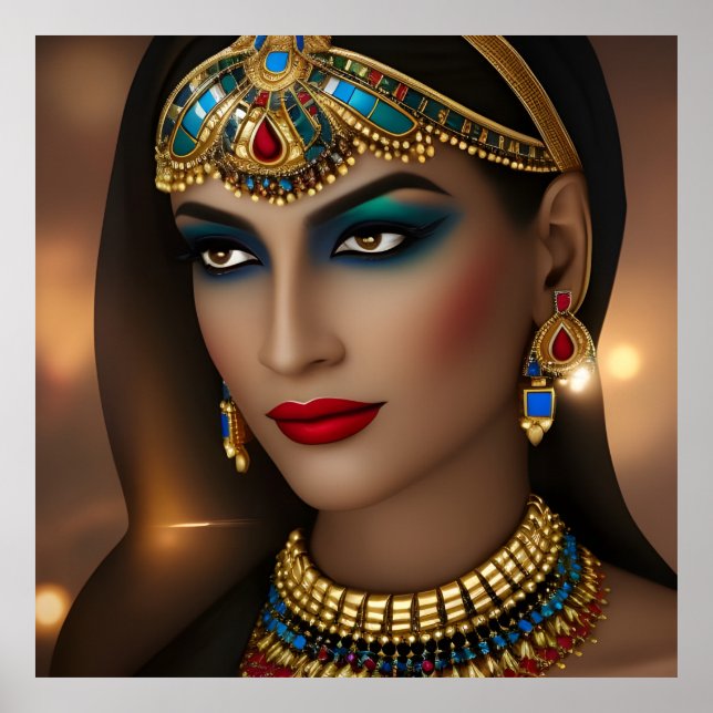 Póster Mujer egipcia Hermosas joyas verdes de oro exótico (Frente)