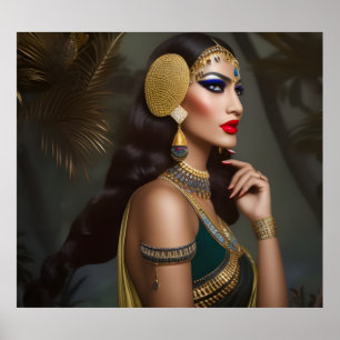Póster Mujer egipcia Vestido verde de oro exótico joyas a