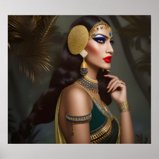 Póster Mujer egipcia Vestido verde de oro exótico joyas a