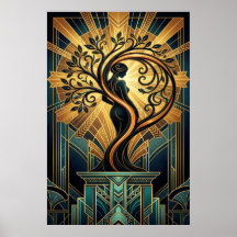 Mujer Elegante Art Déco Silueta de Árbol Negro Oro