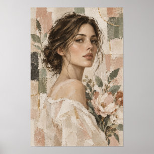 Póster Mujer elegante con flores suave figurativo neutral