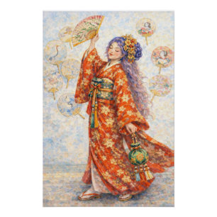 Póster Mujer elegante con kimono y abanico