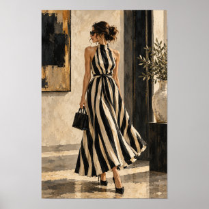 Póster Mujer elegante con vestido a rayas negro y crema e