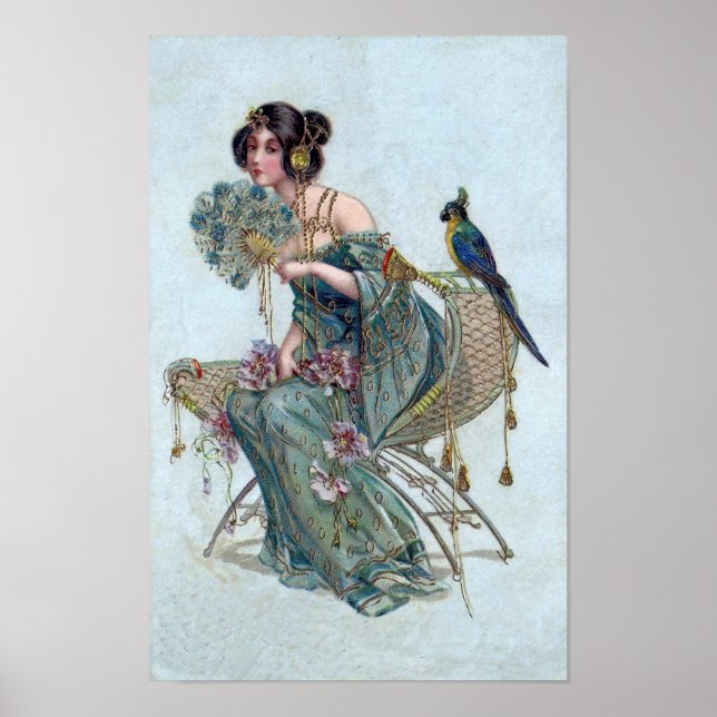 Póster Mujer Elegante De Estilo Art Nouveau Con Loro (Frente)