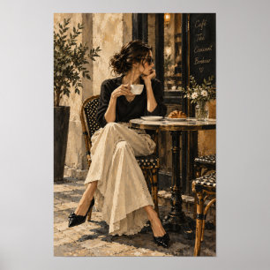 Póster Mujer elegante en café con café y croissant Wa