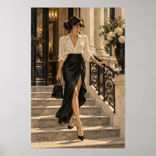 Póster Mujer Elegante en Escaleras de Piedra Moda Figurat
