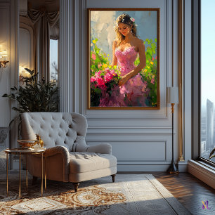 Póster Mujer elegante en jardín floral al estilo impresio