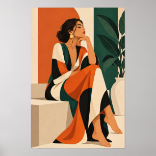 Póster Mujer Elegante en Pared Botánica de Naranja y Verd