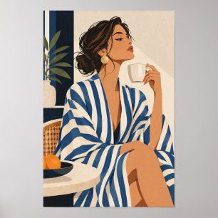 Póster Mujer elegante en rayas azules sosteniendo café en