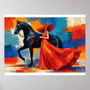 Póster Mujer elegante en rojo con caballo negro