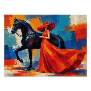 Póster Mujer elegante en rojo con caballo negro